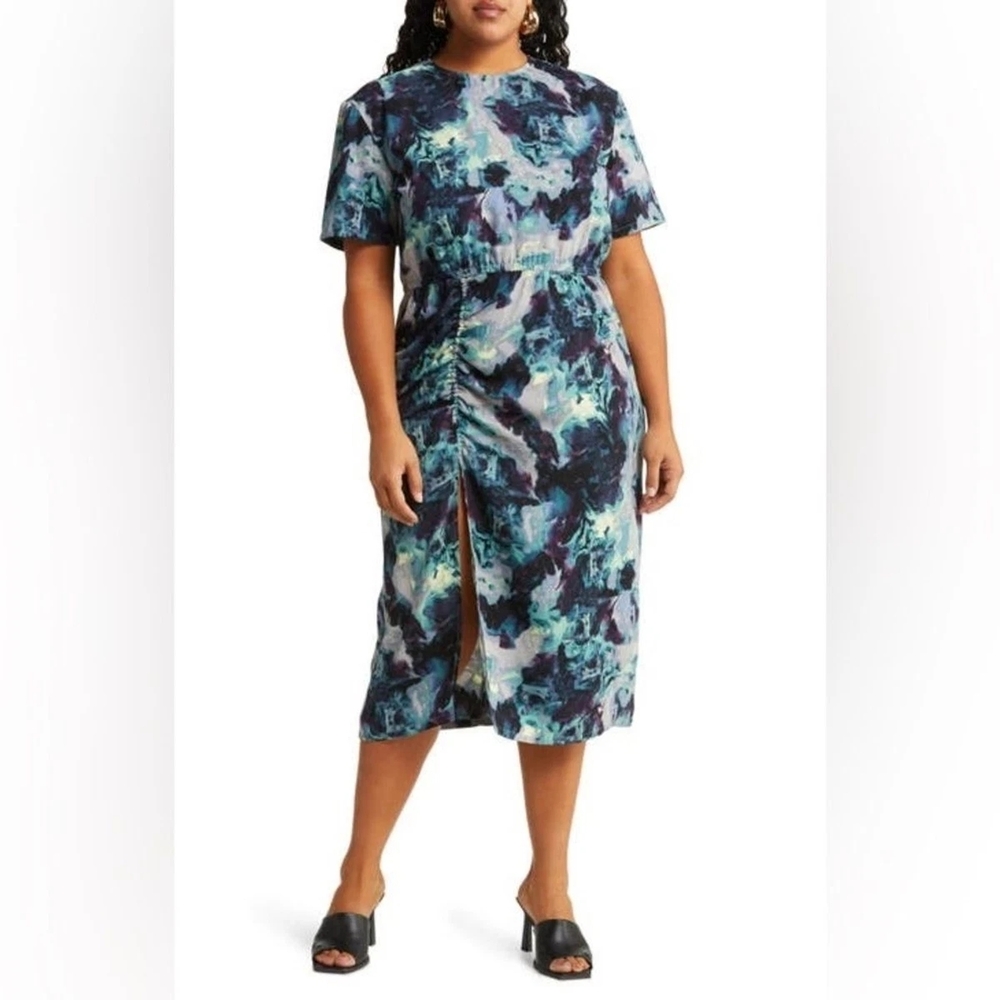 Open Edit Blue Abstract Short Sleeve Dress